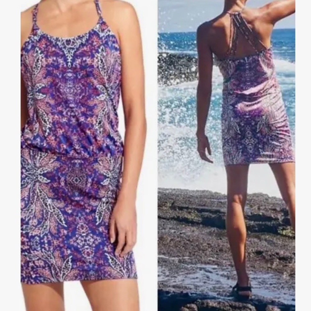 Athleta UPF 50+ Printed Swim Dress Aqualuxe In Vibrant Purple NWT